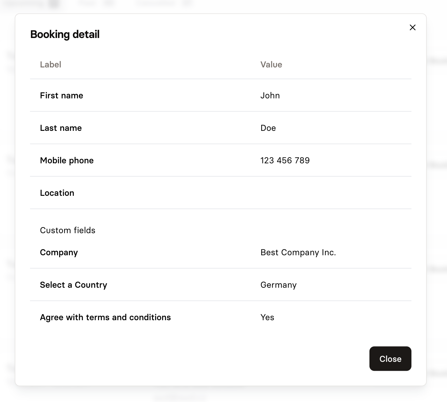 Custom fields displayed in booking detail.